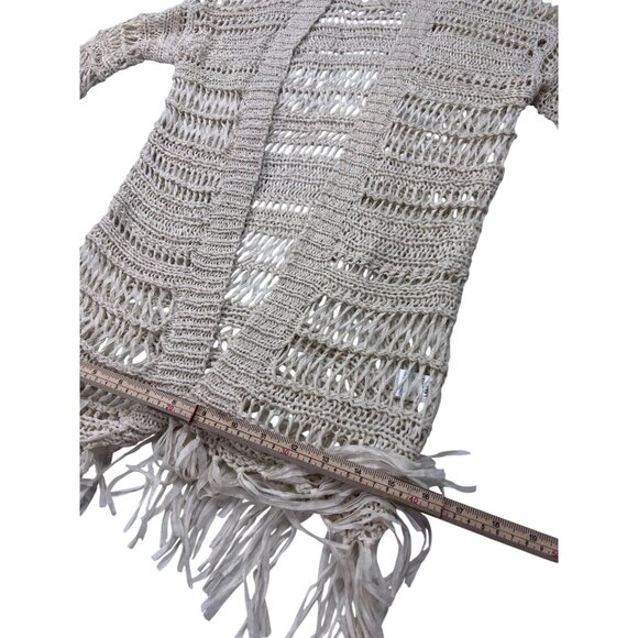 Crochet Open Front Fringe Cardigan Sweater By Kiwitucker S 100% Cotton Beige Lig - Picture 11 of 12